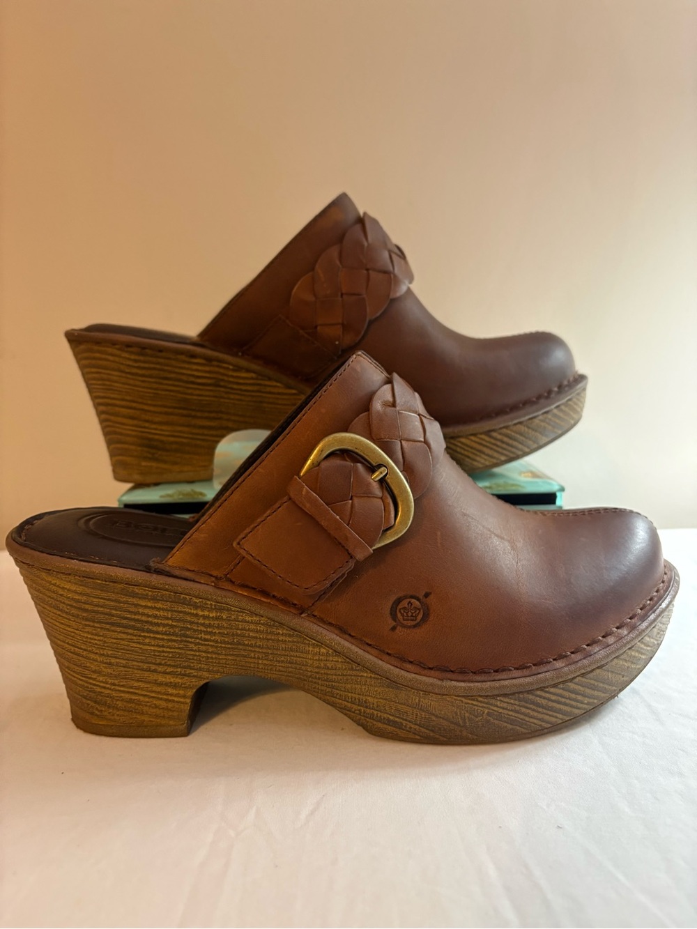 Born Mahal Brown Braided Buckle Strap Leather Platform Clogs Women’s Size 8